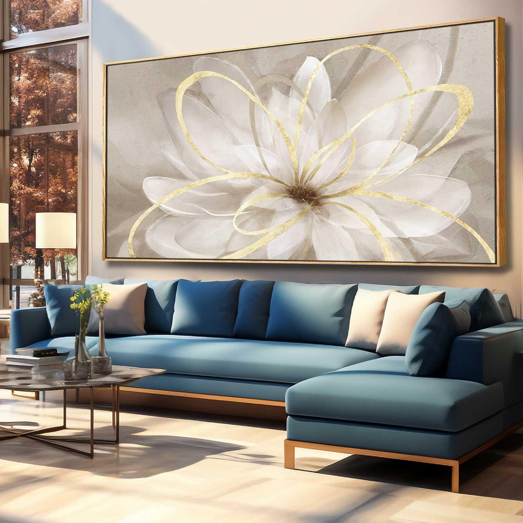 Large Framed Gold And White Floral Wall Art, 29x58 In