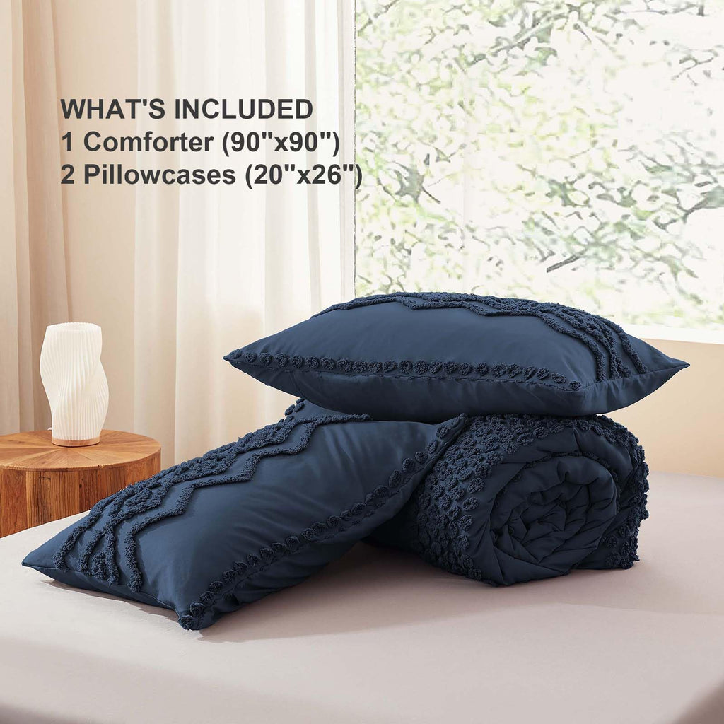 Navy Blue Tufted Comforter Set, 3 Pieces Queen Boho Bedding Set