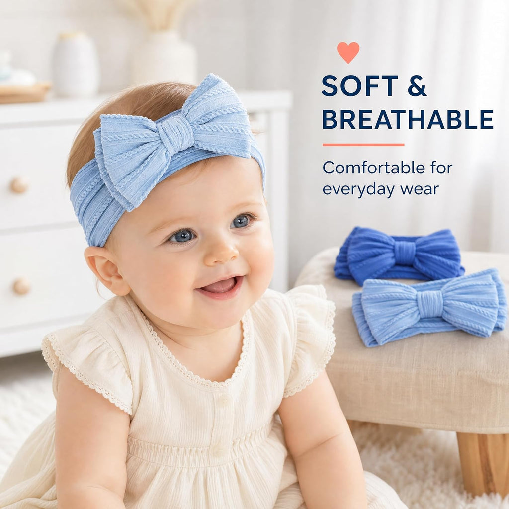 Handmade Baby Girl Headbands with Bows, Soft Stretchy Nylon Baby Headbands, Baby Bows for Girls, Blue Headband