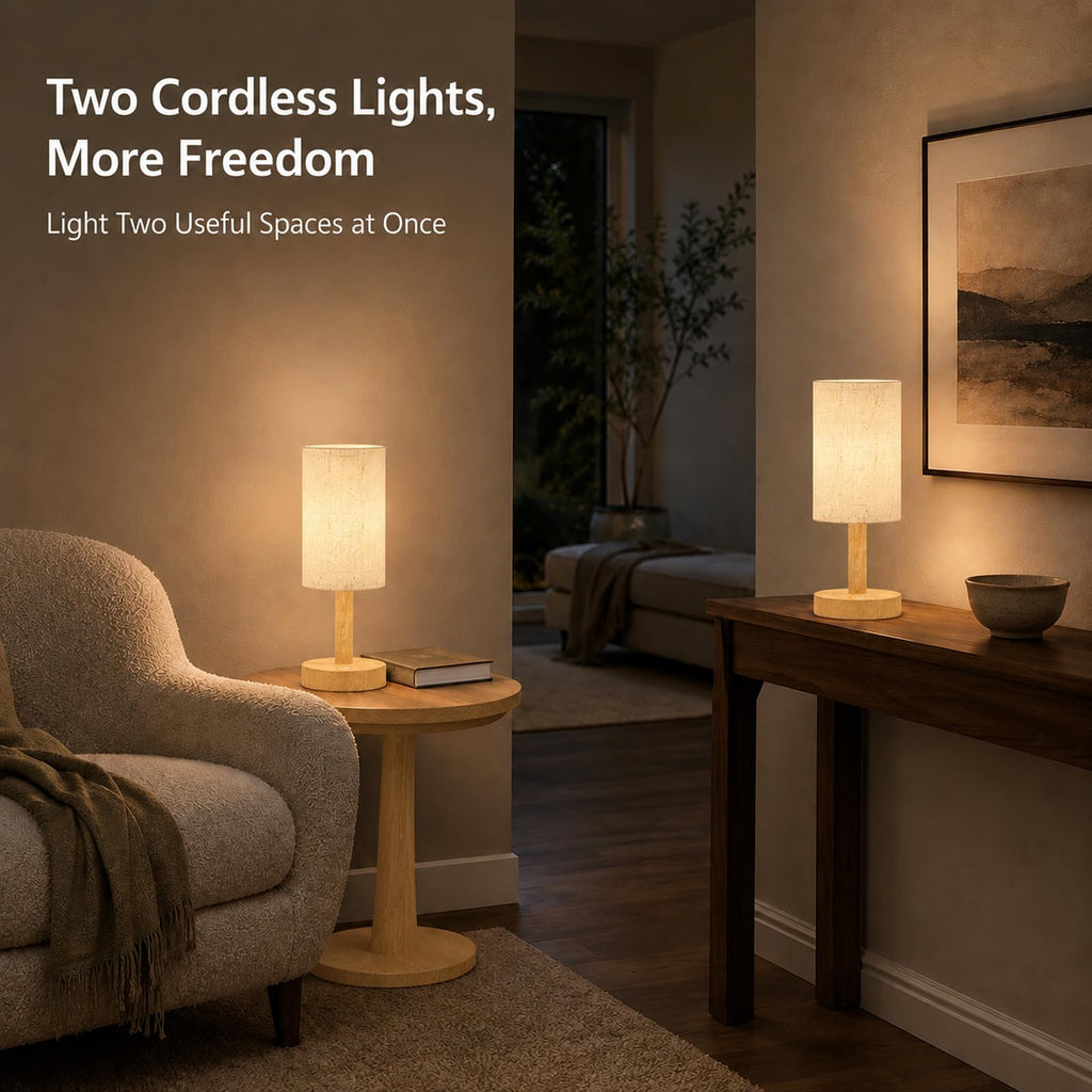 Small Rechargeable Cordless Table Lamp, Nightstand to Desk, Light Oak