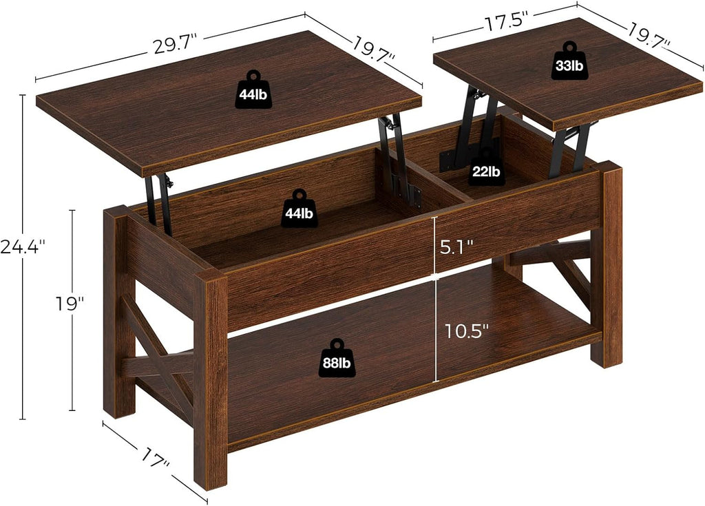 Coffee Table, 47.2" Lift Top with Hidden Compartment, 2 Way Lift Top Coffee Table with Open Shelf & X Wooded Support