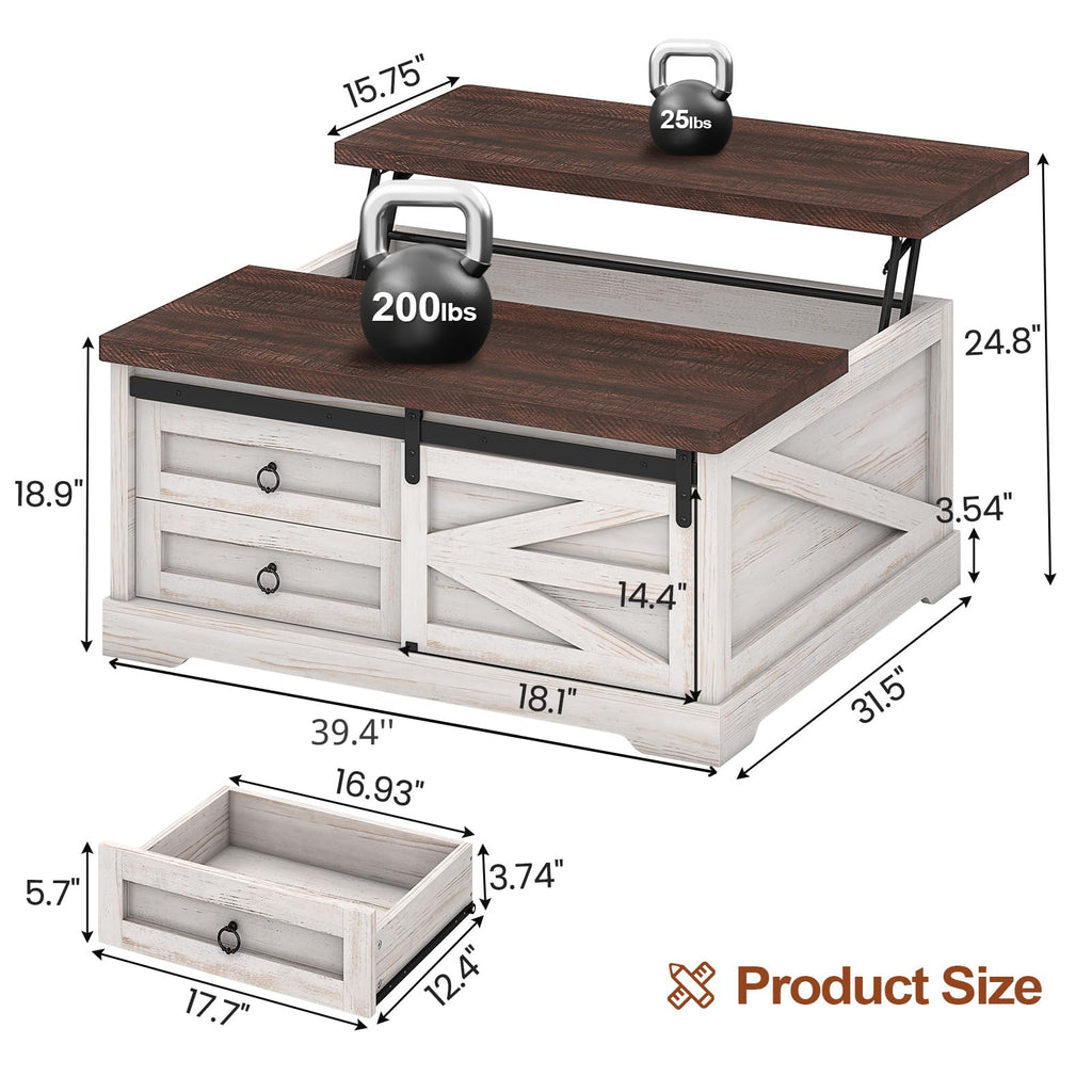 39.4'' Lift Top Coffee Table with Storage, Farmhouse Coffee Tables, Square Coffee Table with Large Hidden