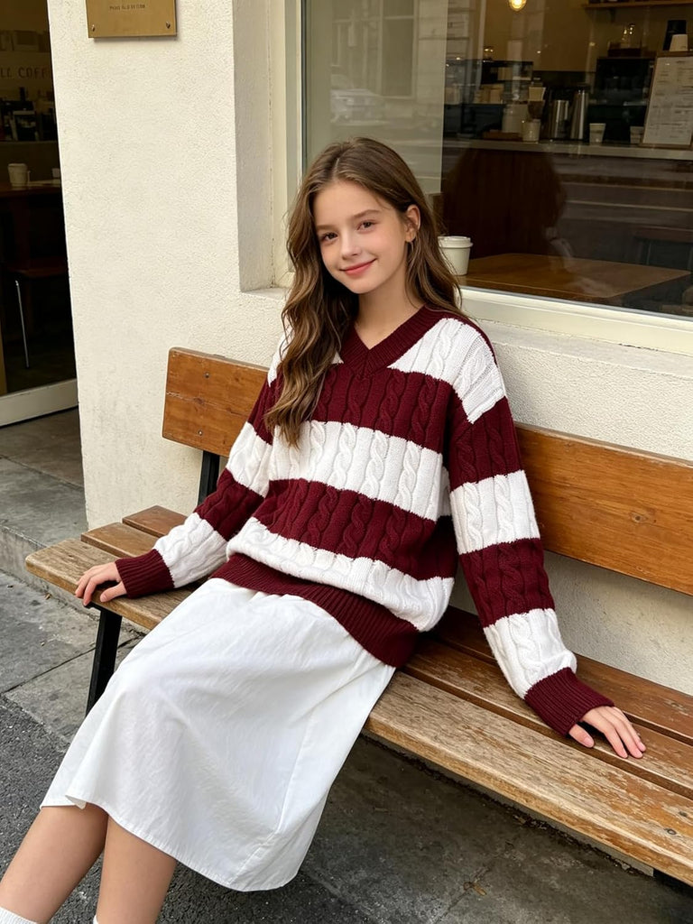 Vintage Striped Sweaters Long Sleeve V Neck Knit Pullover Tops