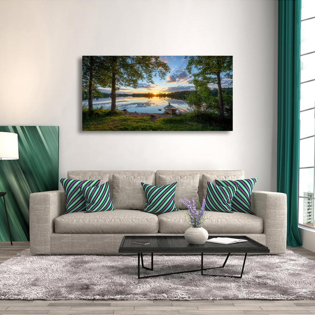 Tree Canvas Wall Art of a Sunrise Over a Forest Lake 20x40inches Nature Inspired Painting Perfect for Wall Decoration