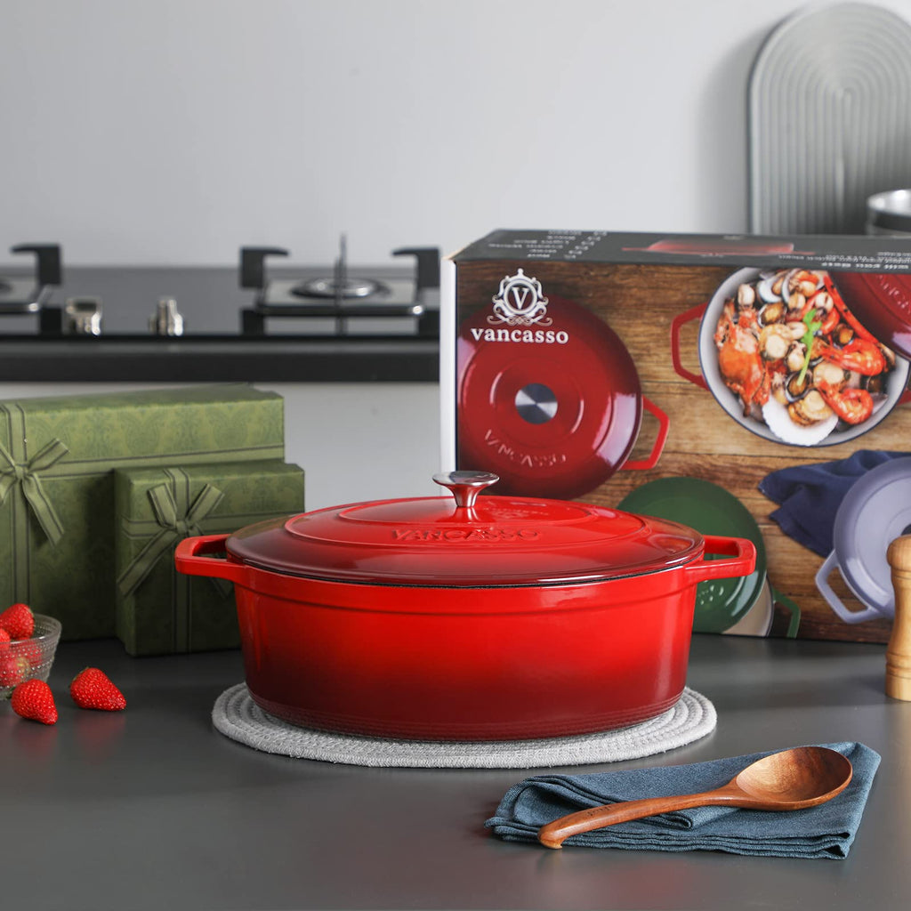 9.3 Qt Oval Enameled Cast Iron Dutch Oven with Lid, Red