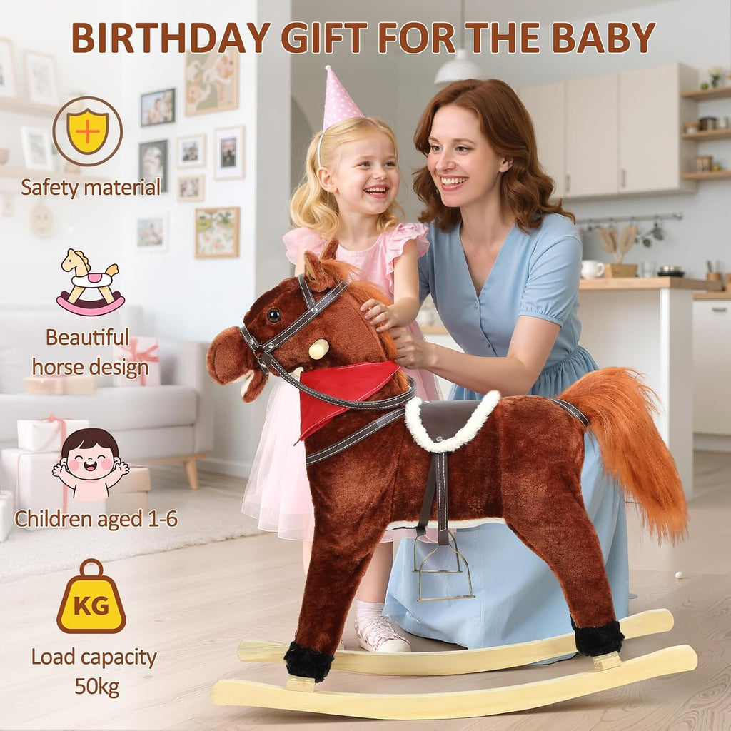 Plush Rocking Horse for Toddlers Age 1-6, Wooden Rocker with Moving Mouth & Wagging Tail, Musical with Sounds, 50kg