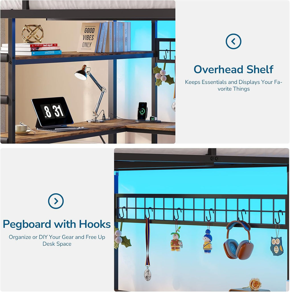 Full Loft Bed with U-Shaped Desk, 7-Drawer Storage and 2-Tier Shelves, Built-in Charging Station and RGB LED Lights