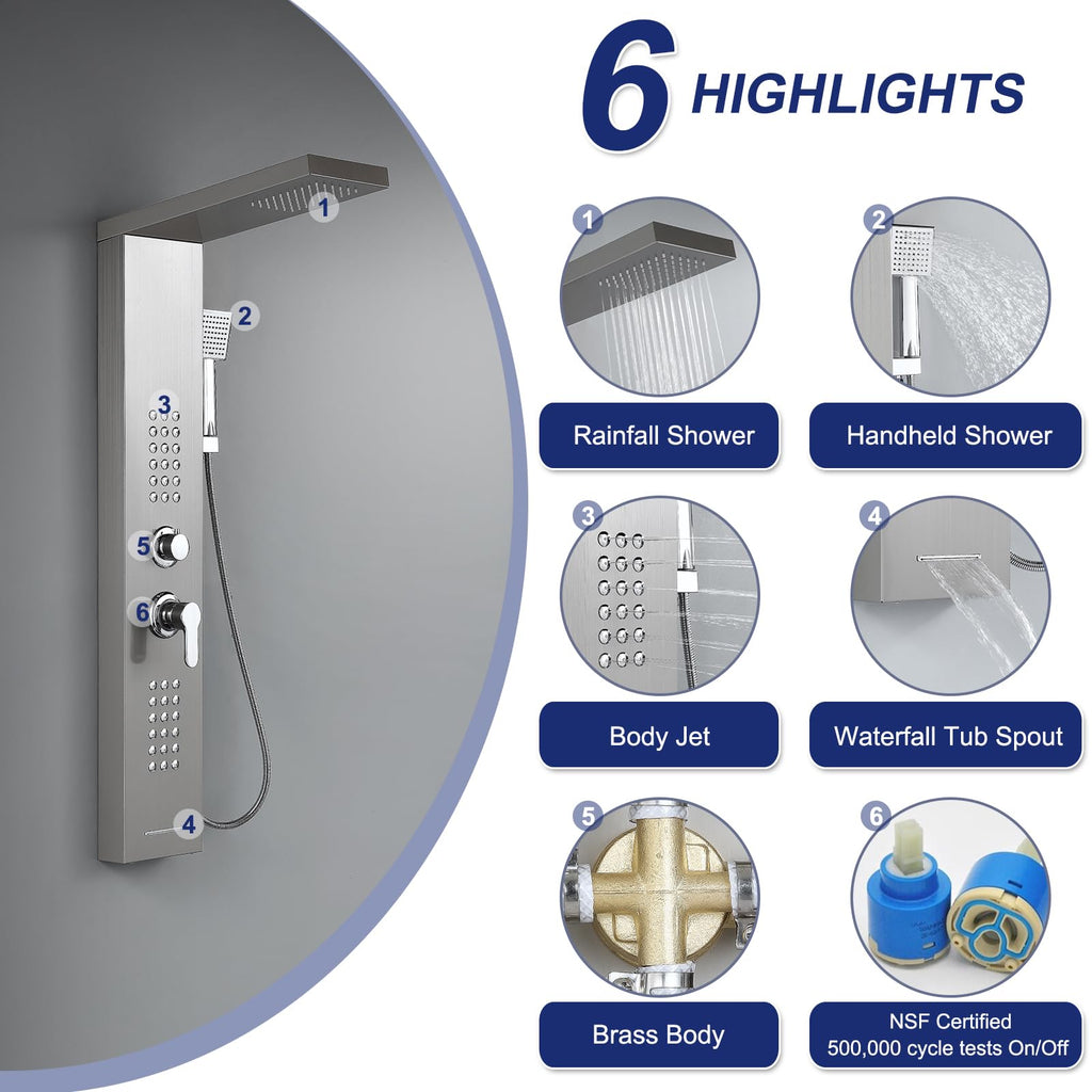 4 in 1 Rainfall Shower Panel Tower with Powerful Body Jets, Brushed