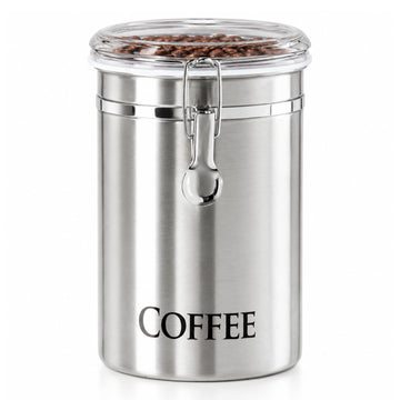 Stainless Steel Coffee Canister 62 fl oz - Airtight Clamp Lid, Clear See-Thru Top - Ideal for Coffee Bean Storage