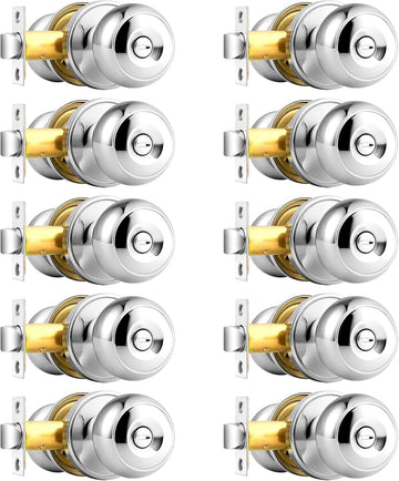 Polished Chrome Bed/Bath Door Knobs, Privacy Door Locksets, Keyless Interior Door Knobs, 10 Pack