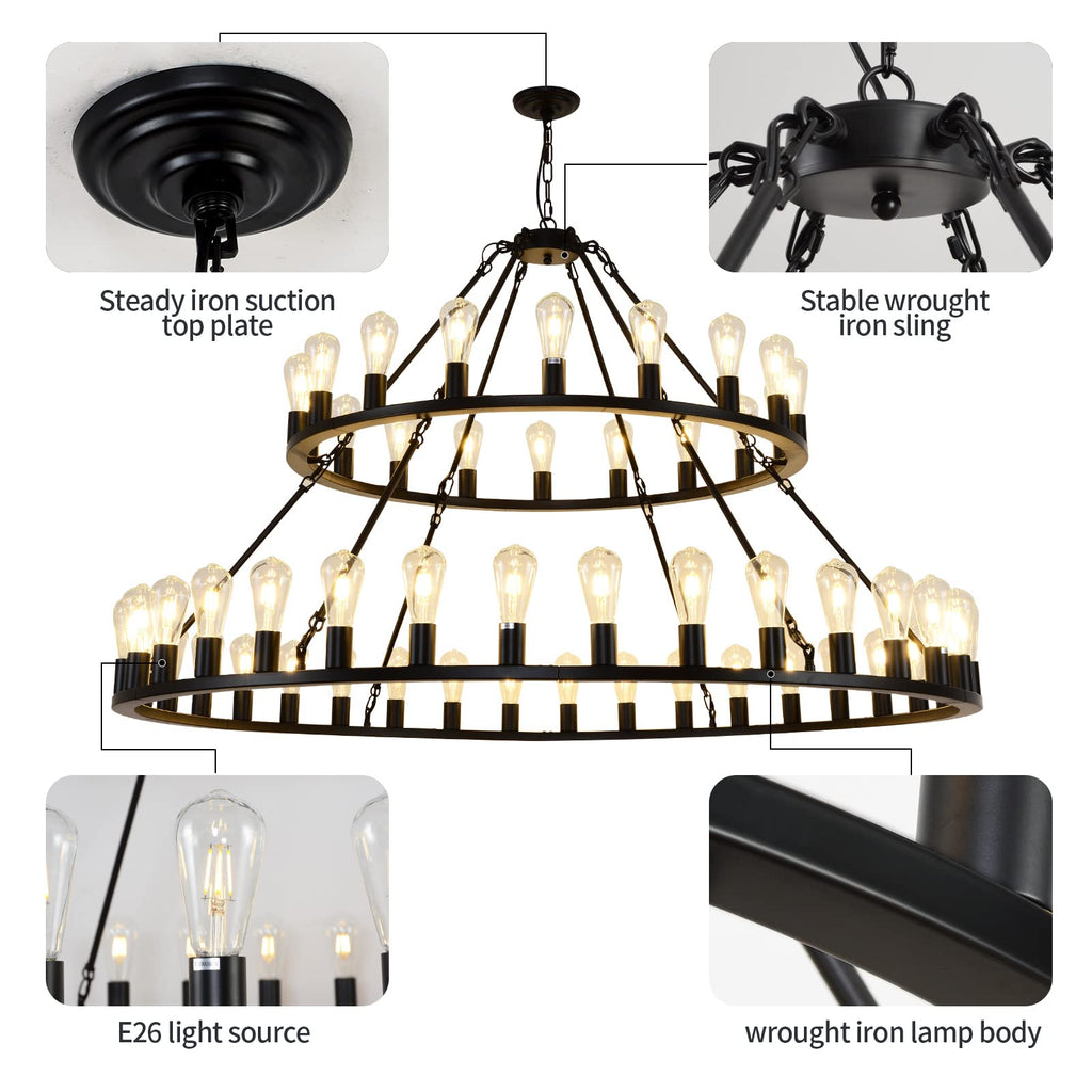 Wagon Wheel Chandelier 2 Tier 54-Light 60-inch, Farmhouse Industrial Chandelier Black Rustic Pendant Light Fixture