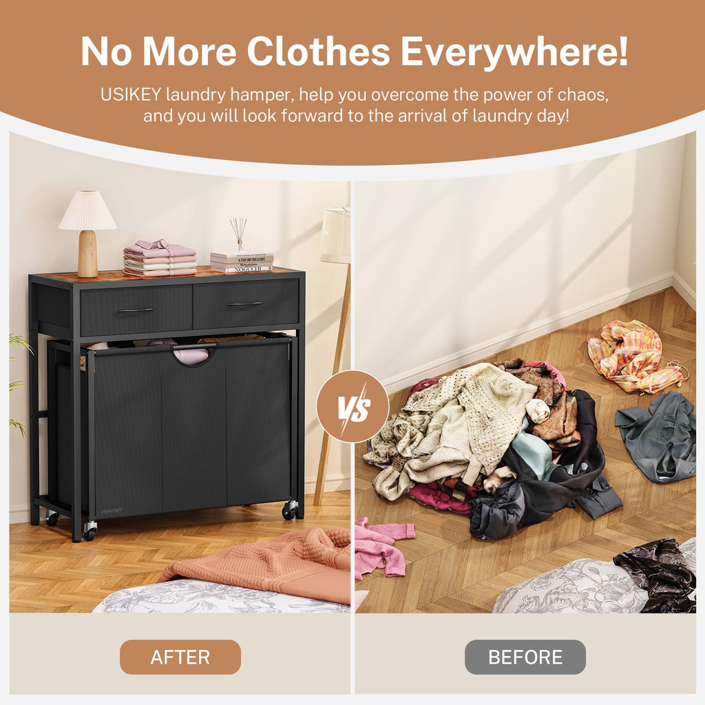 Laundry Sorter 3 Section with Tabletop & 2 Drawers, Rolling Laundry Hamper with Pull-Out and Removable Bags, Laundry
