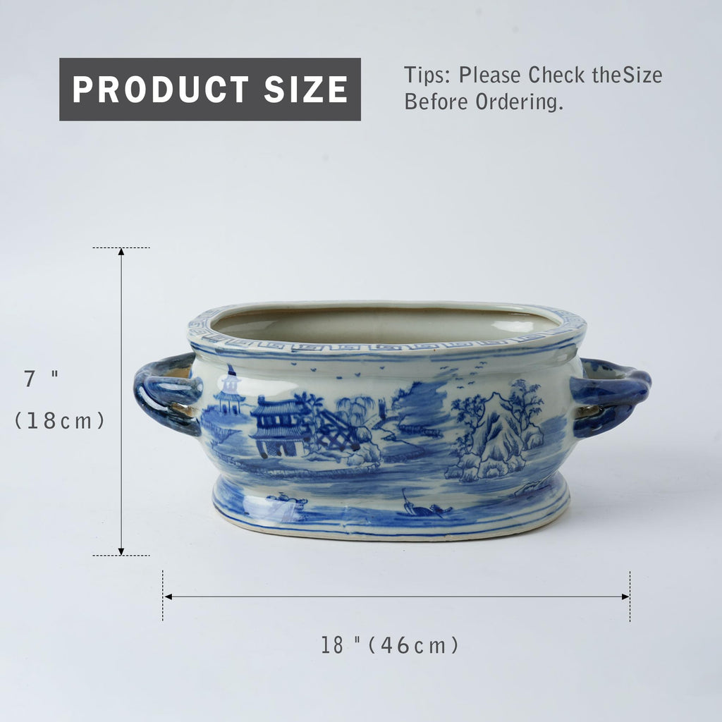 Vintage Blue and White Flower & Birds Porcelain Footbath Planter Chinoiserie Scenery Motif Ceramic Flower Pot (Blue2)
