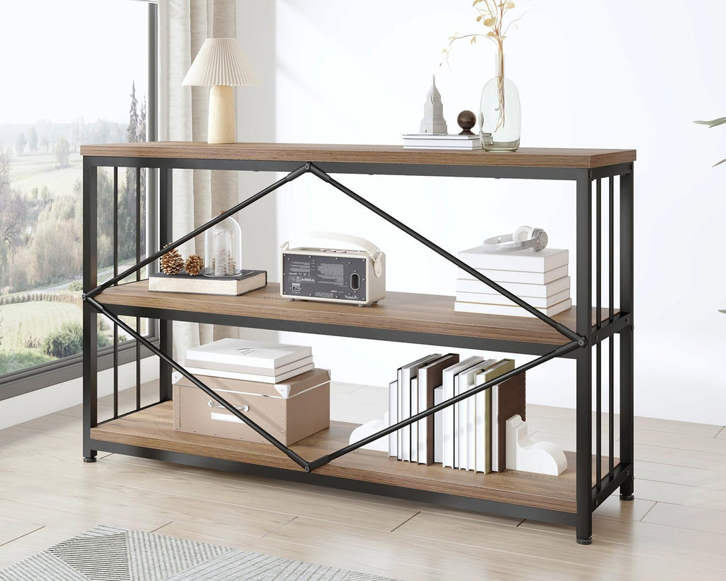 3 Tier Bookshelf, Industrial Wide Horizontal Bookcase Rustic Oak 47 in