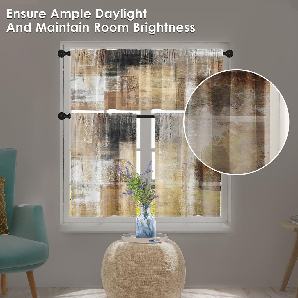 Brown Kitchen Window Curtains Valance and Tier Set 36 Inch, Grey Beige Modern Rod Pocket Short Tier Curtain, Abstract