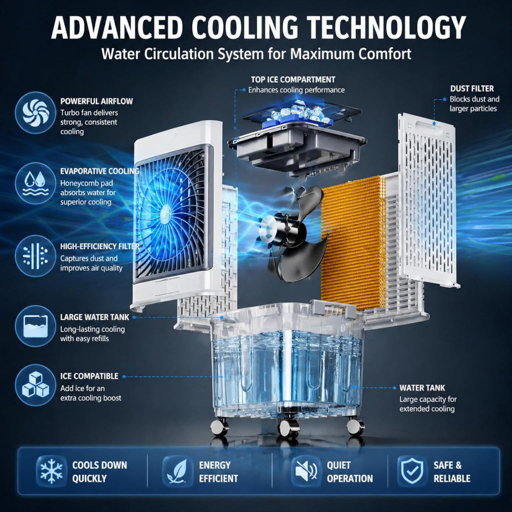 Upgraded Cooling 10 Gallon Evaporative Air Cooler, Swamp Cooler with 120° Oscillation, 7-Hour Timer, Remote Control
