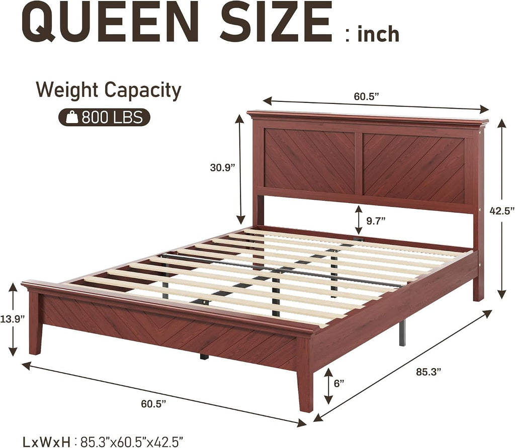 Solid Wood Queen Bed Frame with Headboard Cherry Finish