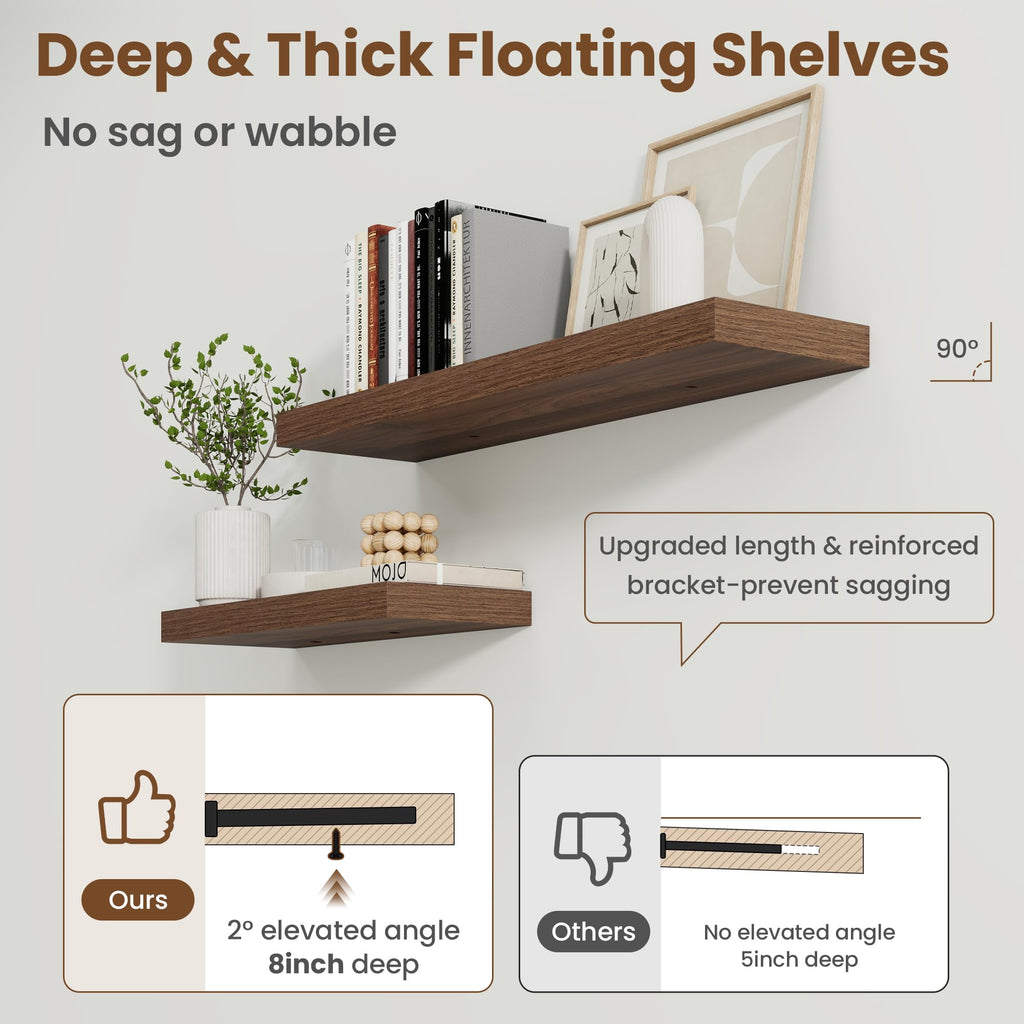 48 Inch Floating shelves for Wall, 8 Inch Deep, Invisible Brackets, Walnut