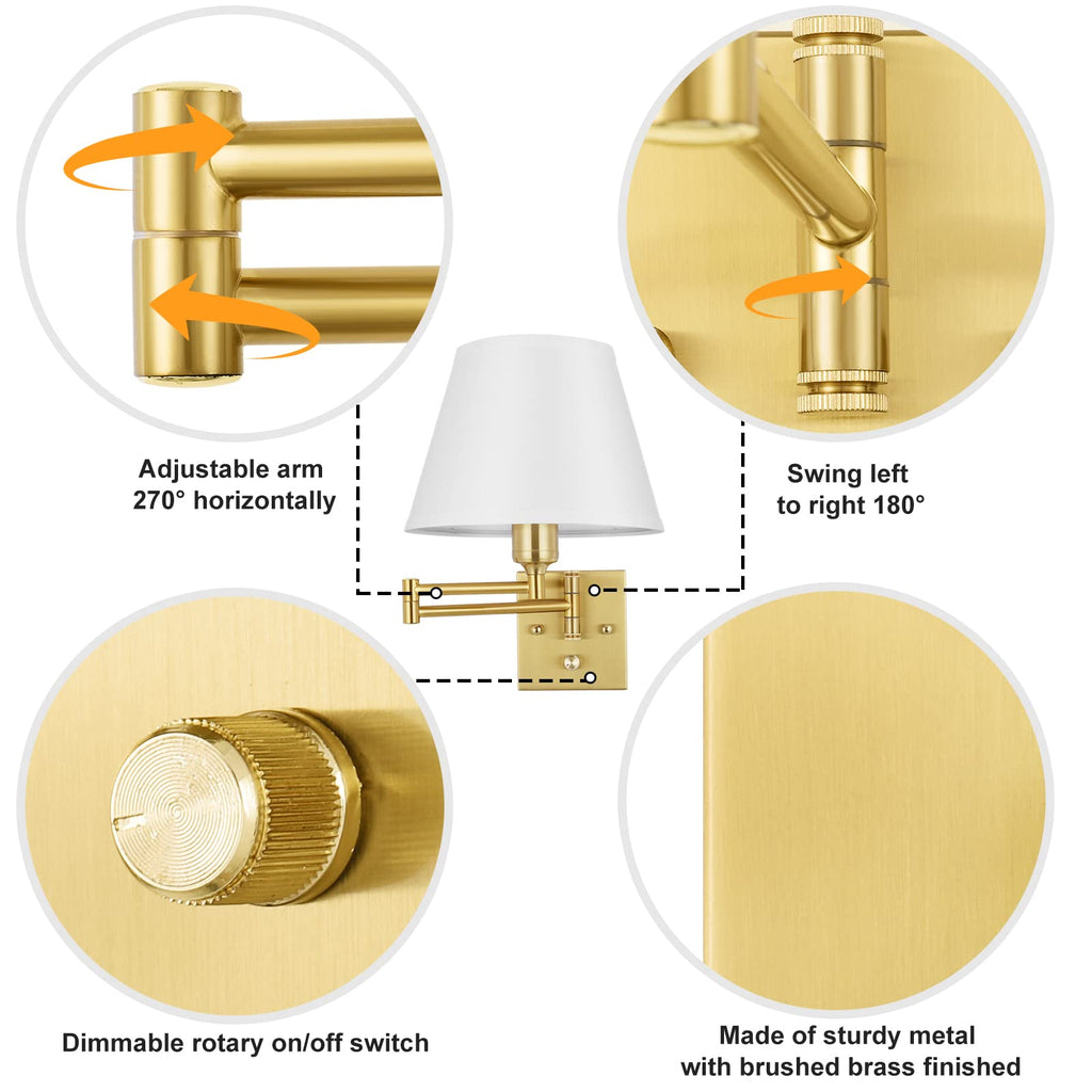 Wall Sconce Plug in, Brushed Brass Dimmable Wall Sconces Set of 2 Swing Arm Wall Lights with Plug in Cord and Dimmer