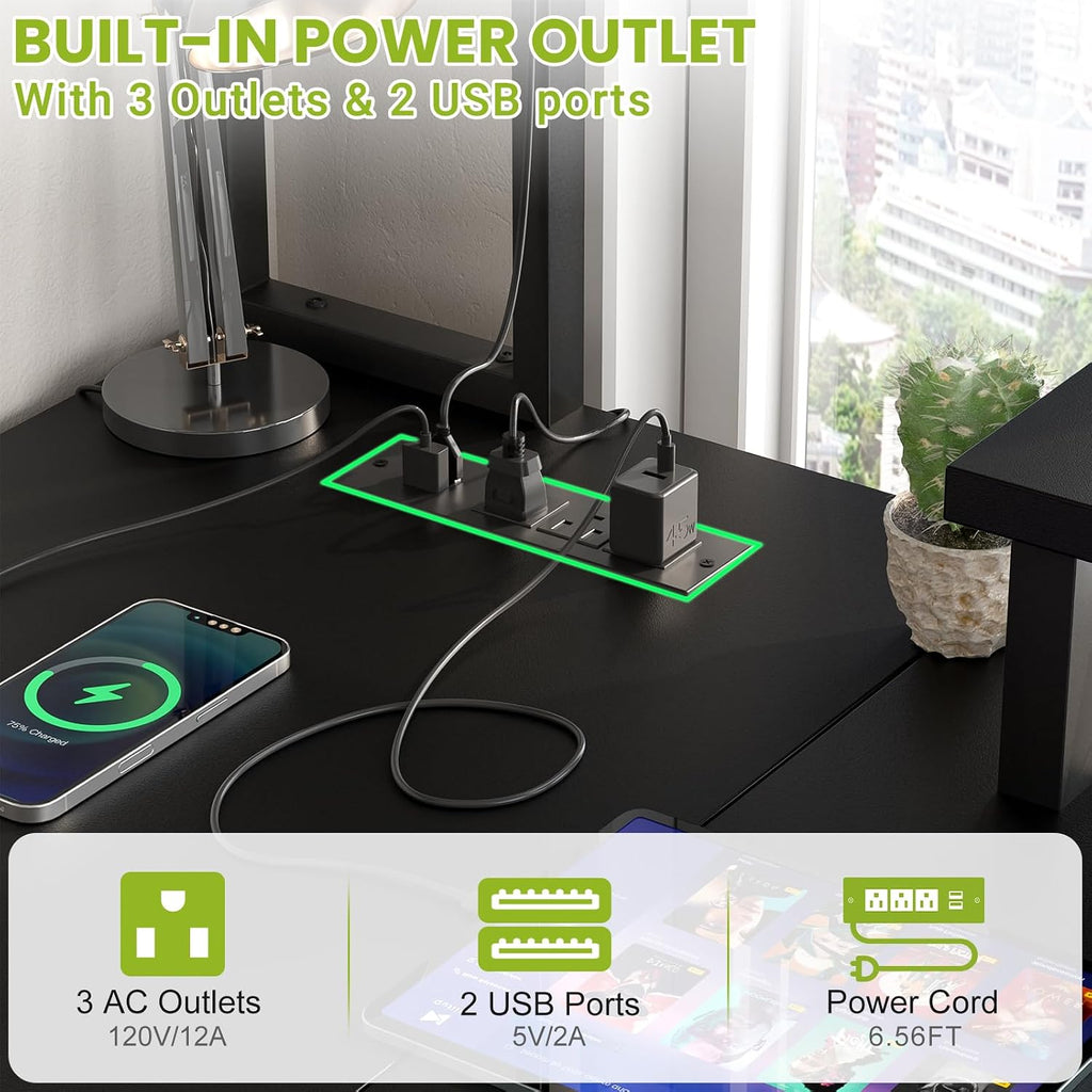 48" Small L Shaped Desk Gaming Desk with Power Outlets & Led Lights | Reversible L Shaped Computer Desk with Monitor