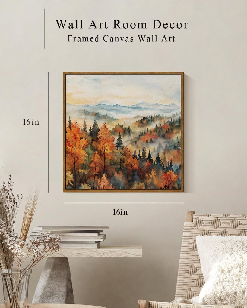 Square Framed Canvas Wall Art, Classical Scenery Prints Landscape Pine Forest In The Morning Mist, Autumn Fall Home
