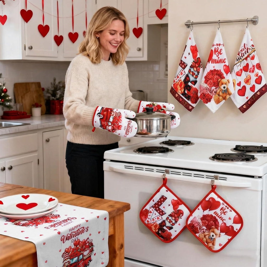 Valentine's Day Kitchen Sets with Kitchen Towels Non Slip Mats Curtains Valance Pot Holders Oven Mitts Red - Set of 13