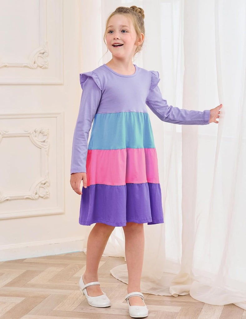 Girl's Dresses Cotton Ruffle Sleeve Tiered Swing A-Line Cute Midi Casual Sundress