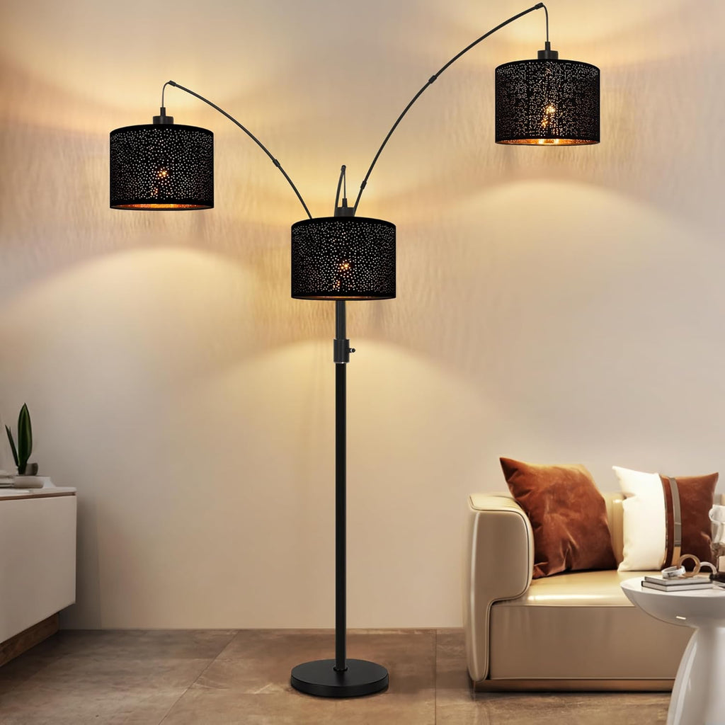Dimmable Floor Lamp-3 Lights Arc Floor Lamps,Modern Tall Standing Lamp With Black Drum Hollow-carved