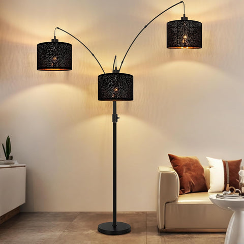 Dimmable Floor Lamp-3 Lights Arc Floor Lamps,Modern Tall Standing Lamp With Black Drum Hollow-carved