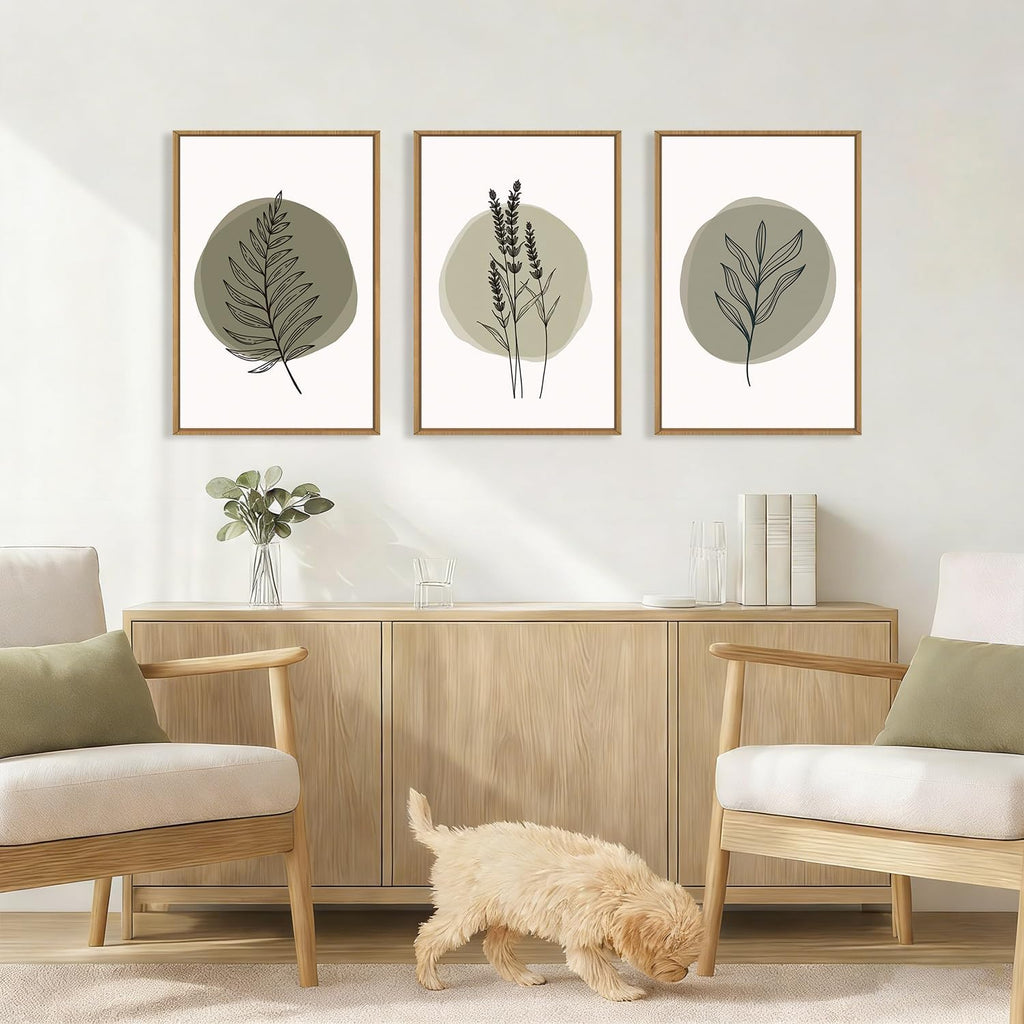 Spring Sage Green Leaves Framed Canvas Wall Art Set,Minimalism Boho Leaf Wall Decor, Modern Nature Botanical Wall