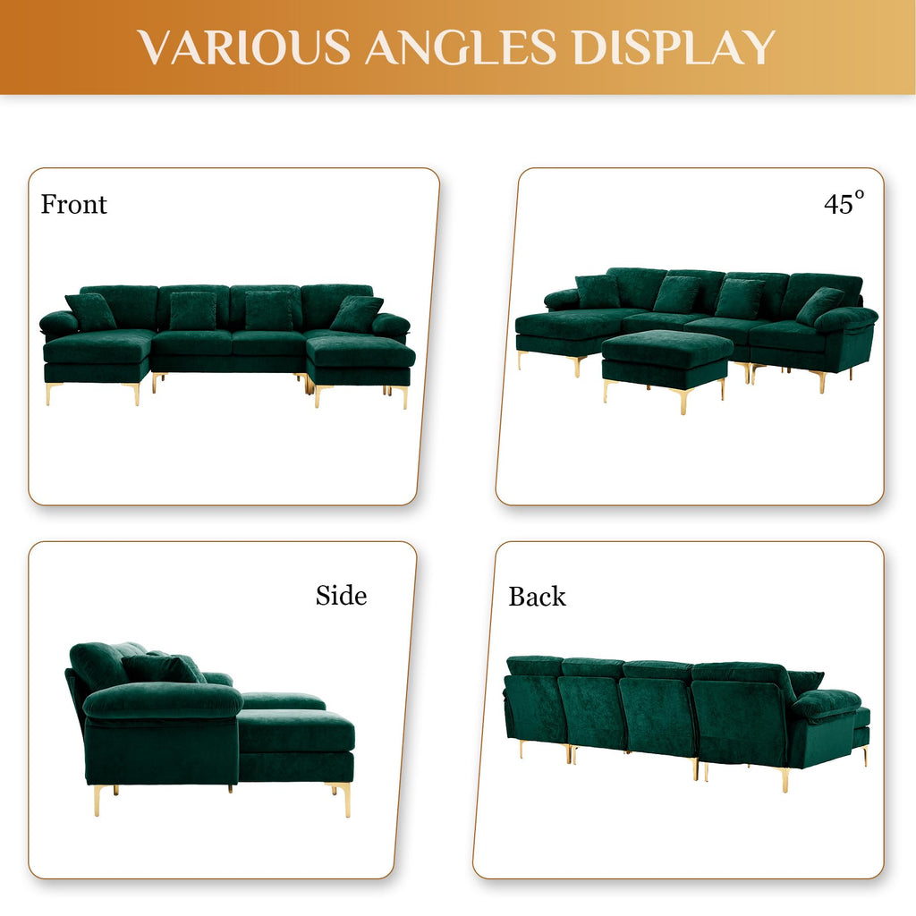 114" U-Shaped Sectional Couch with Ottoman, Emerald Green