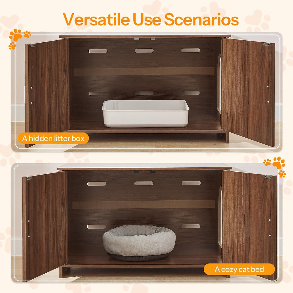 Farmhouse Cat Litter Box Enclosure, Hidden Litter Box Furniture with Side Entry & Vents, Litter Box Cabinet