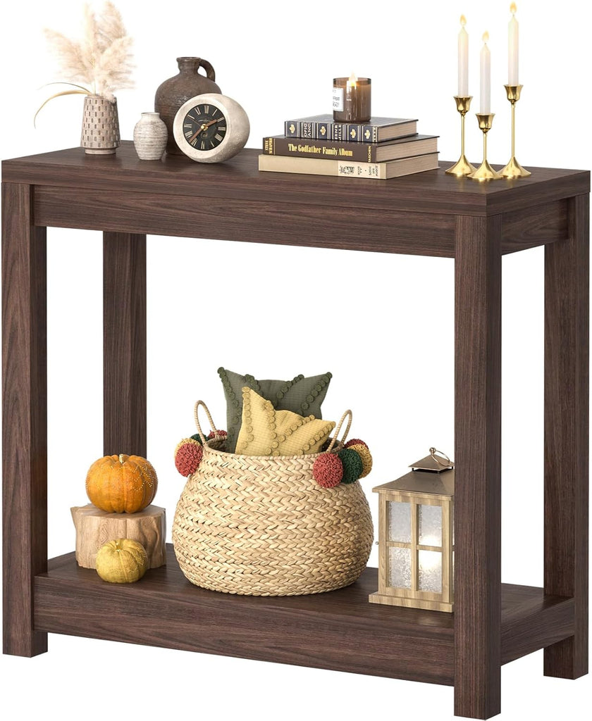 Small Farmhouse Wood Entryway Table Narrow Console Table with Storage Behind Couch Sofa Table with Shelves Entry Way