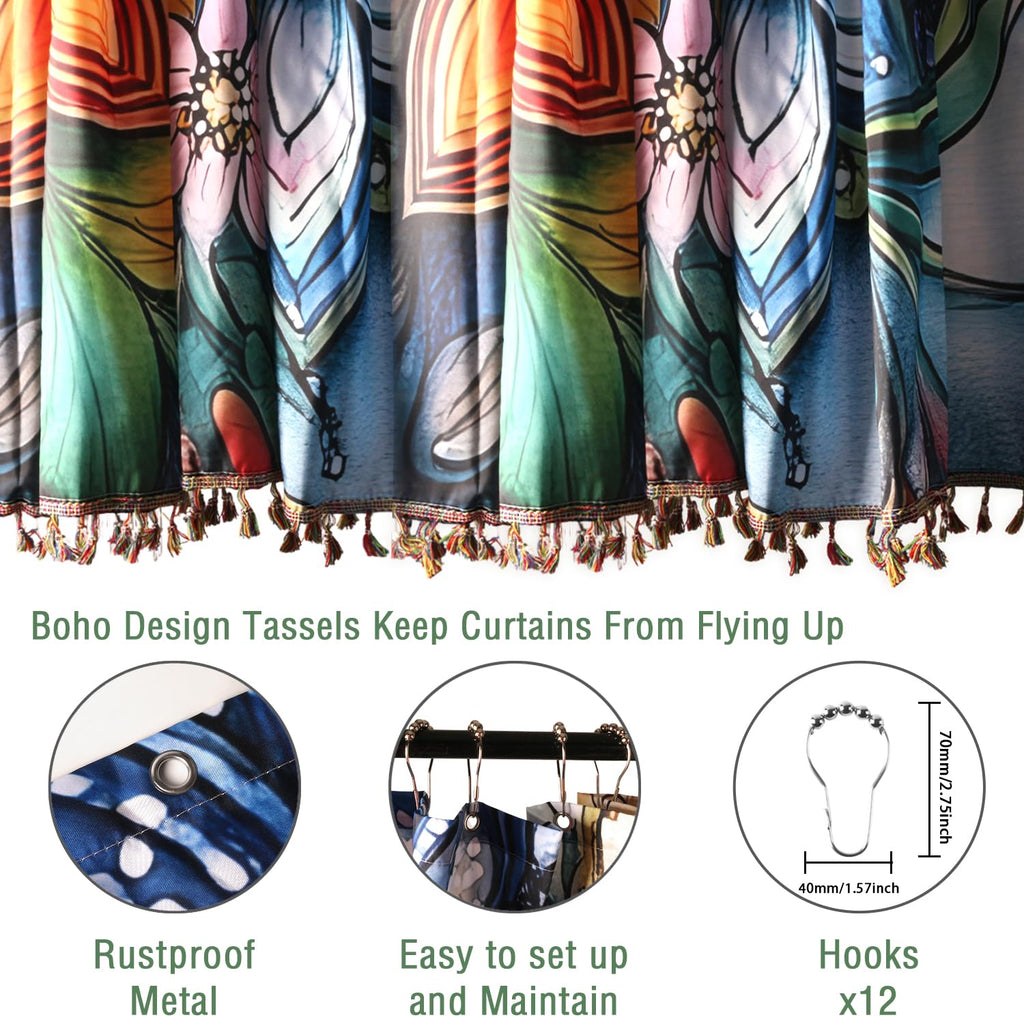 Boho Floral Shower Curtain with Tassels 72X72 Inch Mandala