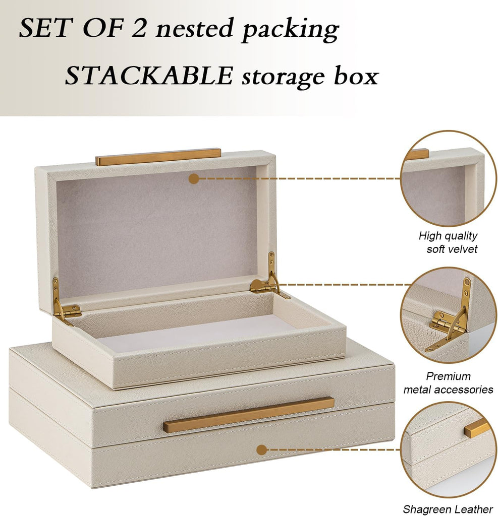 Beige Shagreen Decorative Storage Boxes with Gold Metal Handles - Faux Leather Jewelry & Memory Boxes - Set of 2