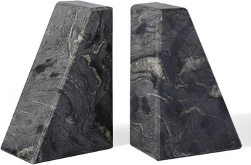 Marble Bookends for Heavy Books, Decorative Book Ends for Shelves, Titanium Black Stone Durable and Heavy-Duty Book
