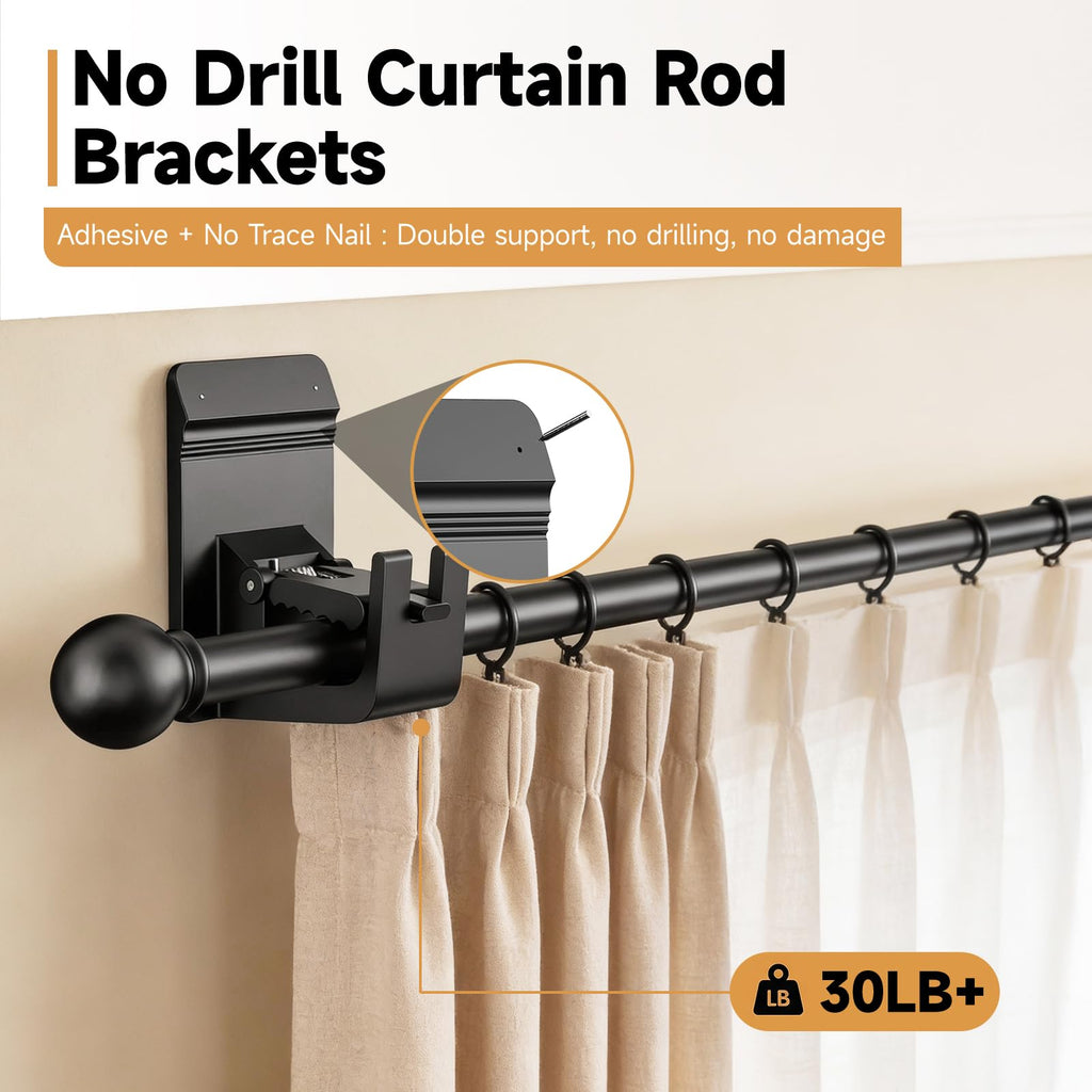 Universal Heavy Duty Curtain Rod Brackets, No Drill Curtain Rod Brackets with Adhesive & Invisible Nail, 30+LB Load