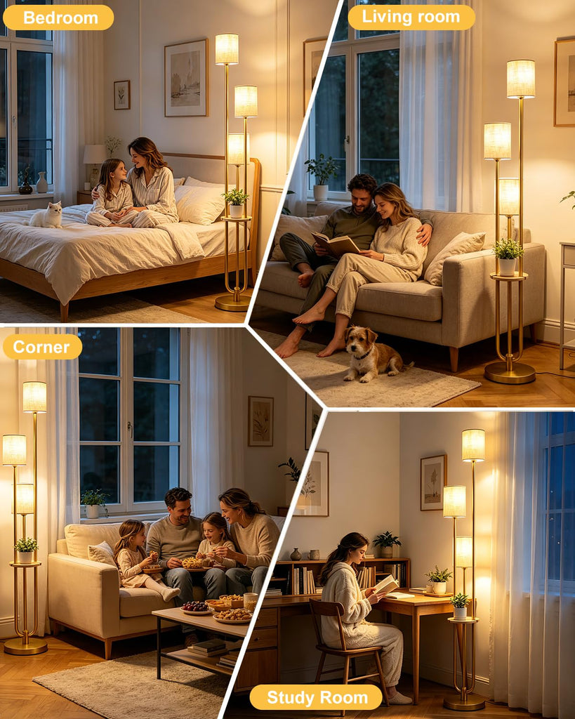 Dimmable Floor Lamp 3-Light Modern Floor Lamps with Table 3000K Warmwhite Gold Standing Lamp with 5Lbs Heavy Base