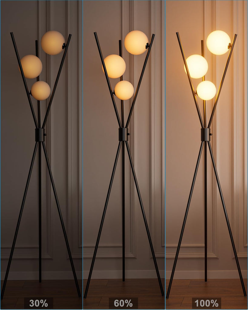 60IN Dimmable Black Tripod Floor Lamp, Mid Century Standing Lamps with 3 Globe Soft Warm White Eye Care 3000K Bulbs
