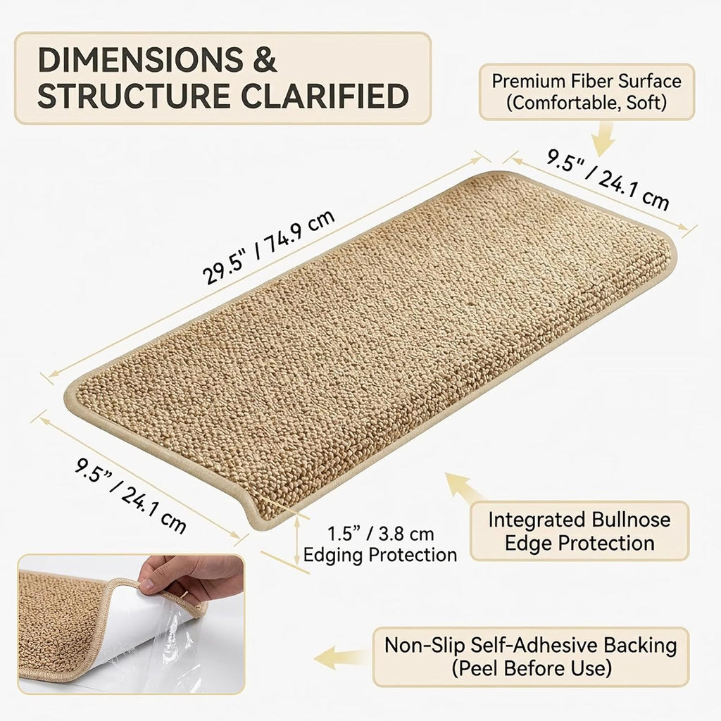 Bullnose Carpet Stair Treads, 29.5"x9.5"x1.5", 14pcs, Camel | Wood stair compatible, washable & reusable