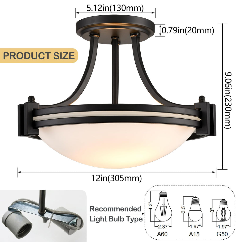 Modern Black Semi Flush Mount Ceiling Light with Milk Glass 12"