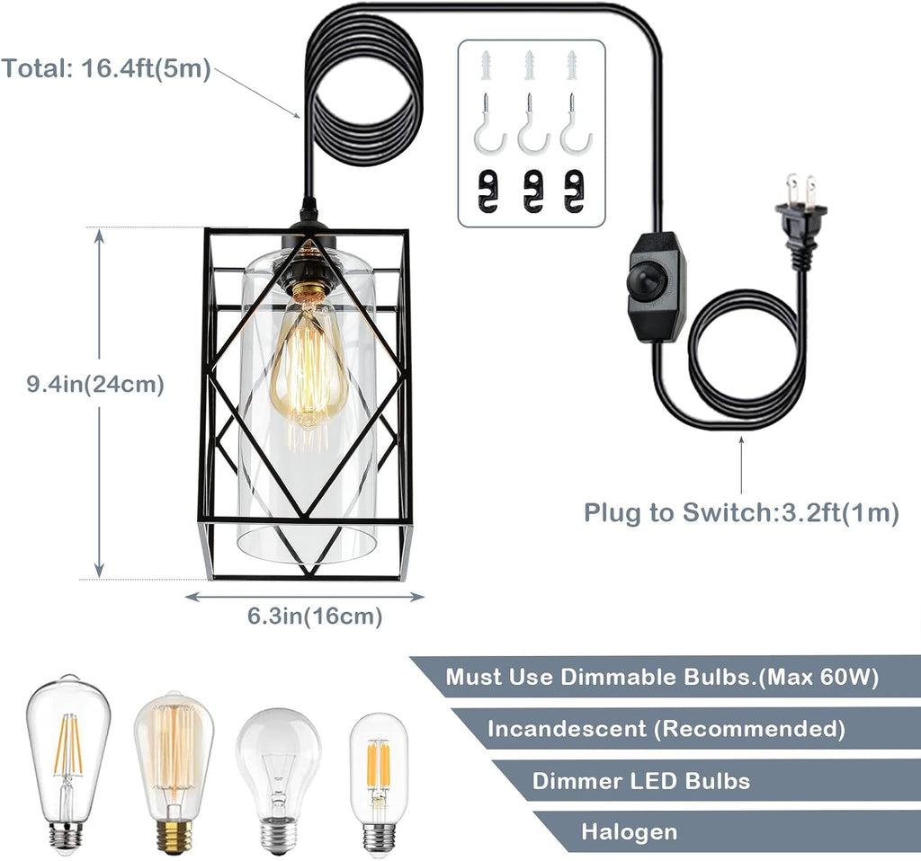 Plug in Pendant Light with Dimmer Switch, Outdoor Farmhouse Hanging Lights Fixtures for Gazebo and Porch