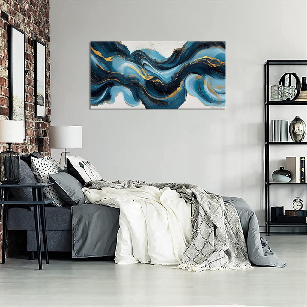 Abstract Blue and Gold Swirling Stripe Wall Art Office Contemporary Art Deco White Background Painting Prints Modern