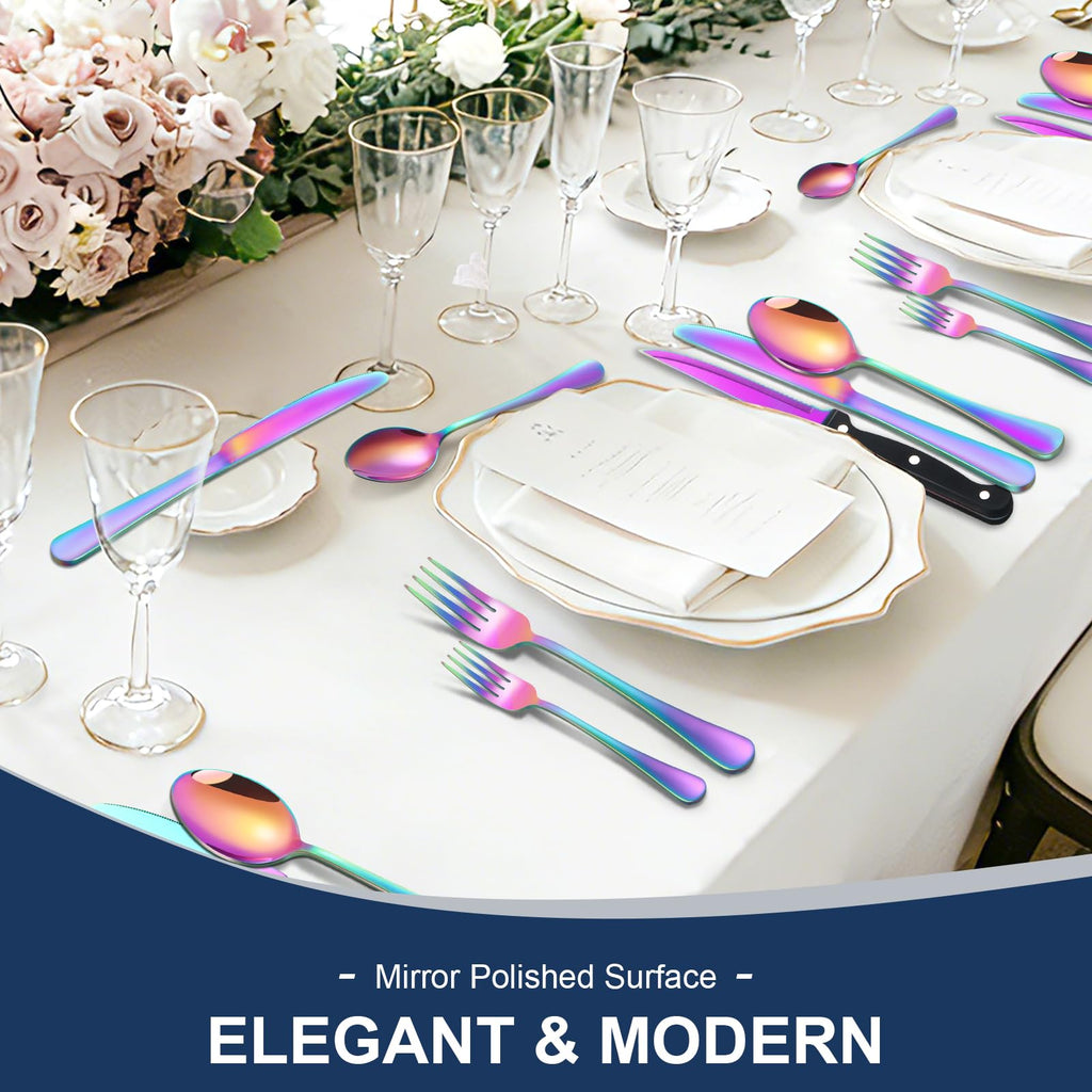 24-Piece Rainbow Silverware Set with Steak Knives Stainless Steel Flatware Set for 4 Food Grade Tableware Cutlery Set