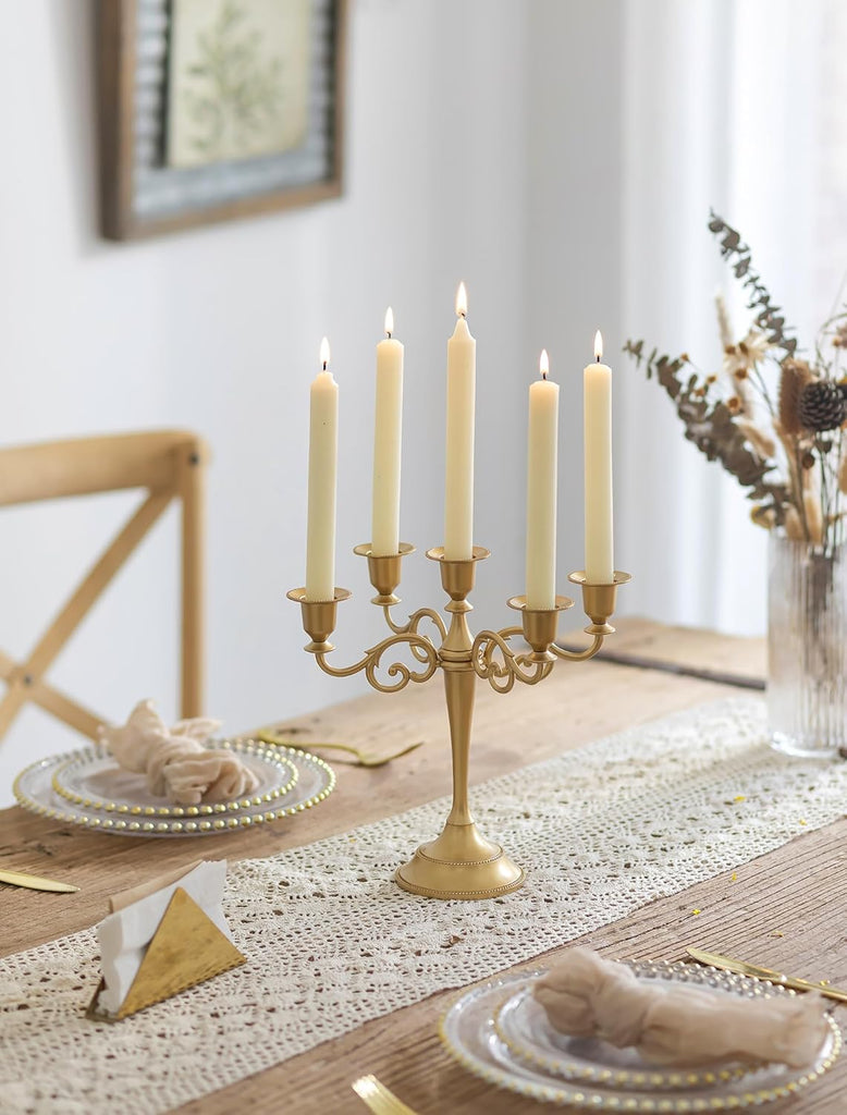 Gold Candelabra Table Centerpiece: 10 Inches Candelabra Candle Holder for Taper Candlesticks - 5 Arms Metal