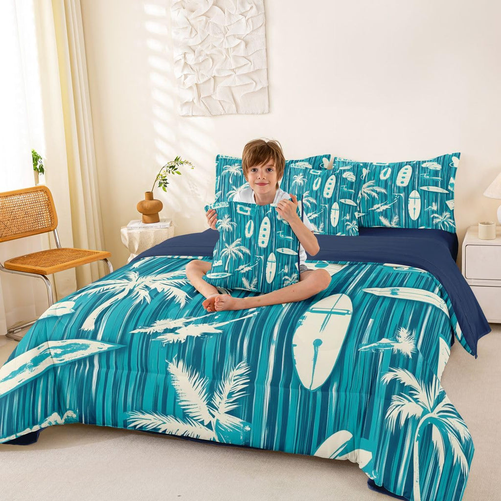 Surfing Bedding Set - Surfboard Themed Bed in a Bag, Coastal Summer Beach 7 Pieces Bed Set Bedroom Decor