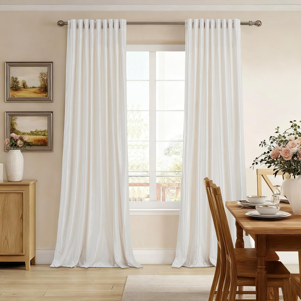 Blackout Ivory Off White Velvet Curtains 90 inch Long, Set of 2 Panels Liner Rod Pocket Back Tab Thermal Window
