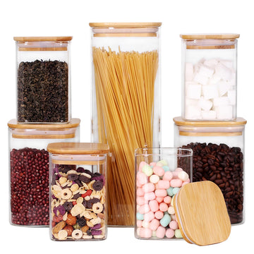 Glass Storage Canister with Wooden Lid, Set of 7 Square Glass Jars with Bamboo Lids, Glass Food Storage Containers