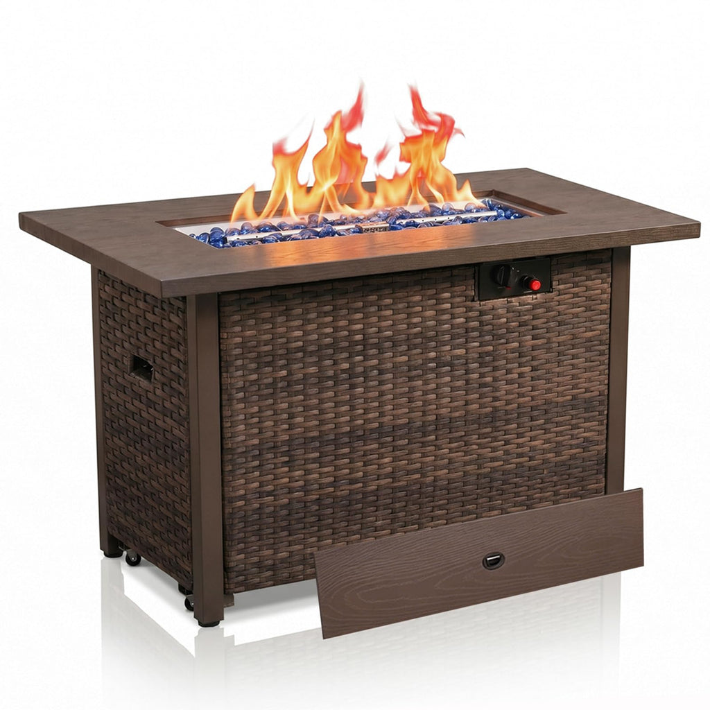 42in Propane Fire Pit 50, 000 BTU Gas Fire Pit Table Rectangle Gas, Outdoor 3-in-1 Fire Table, Yard, Balcony Rattan
