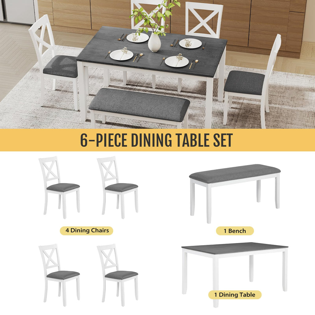 6-Piece Solid Wood Dining Table Set, Wooden Legs, White